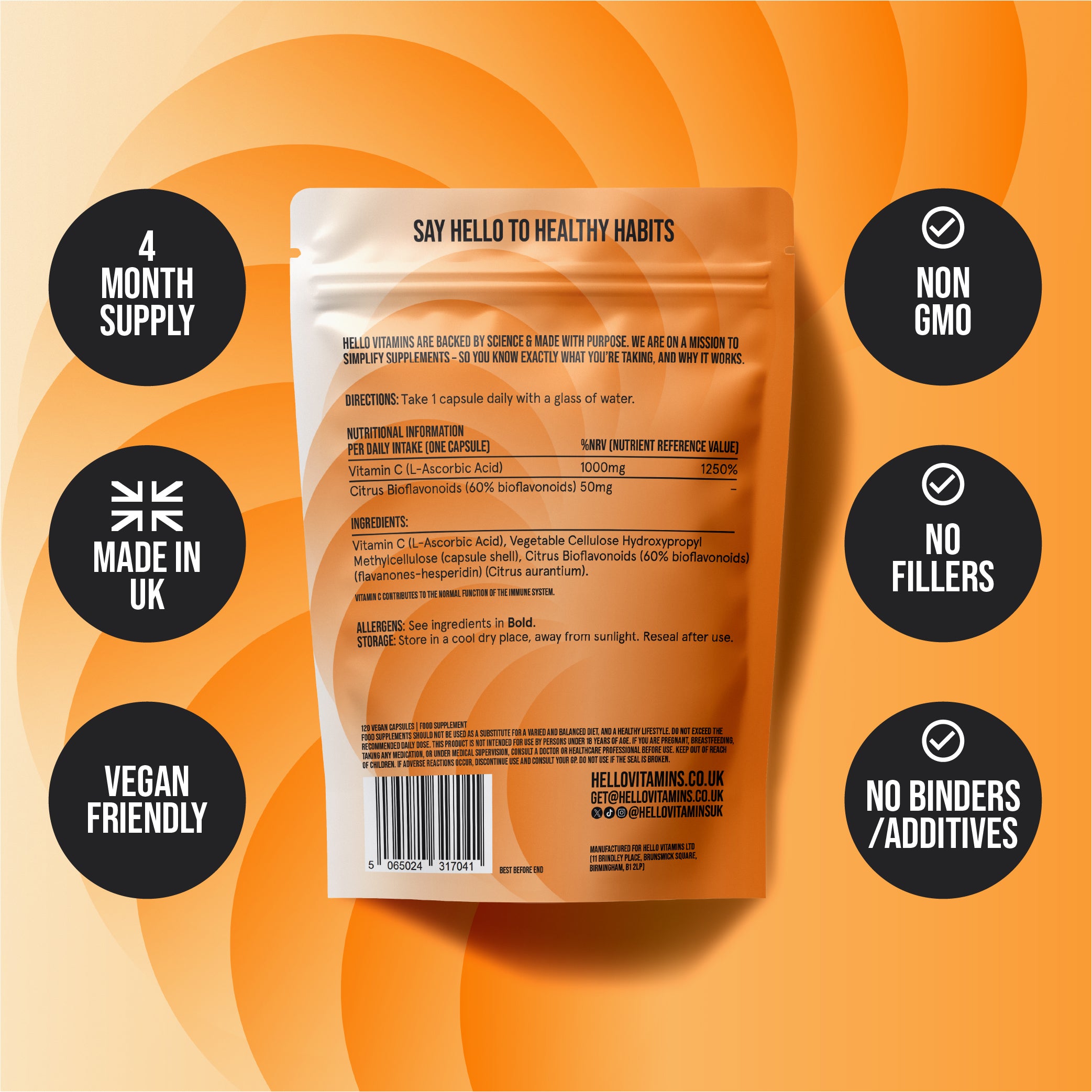 Hello Vitamins vitamin package with health benefits on an orange background
