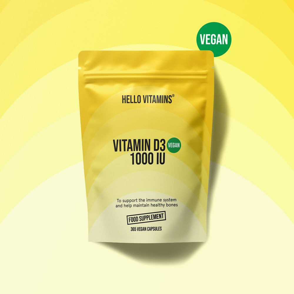 Yellow package of Hello Vitamins Vitamin D3 on a yellow background