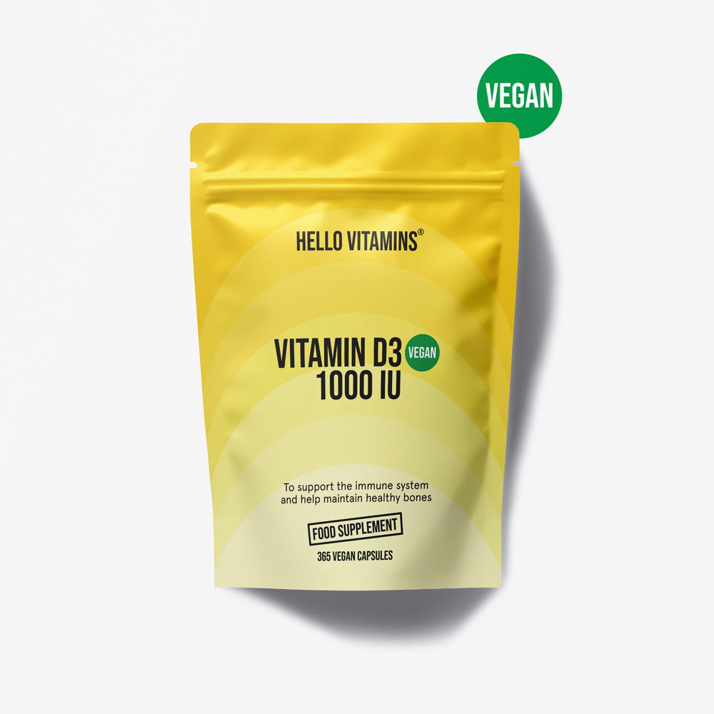 Yellow package of Hello Vitamins Vitamin D3 1000 IU on a white background