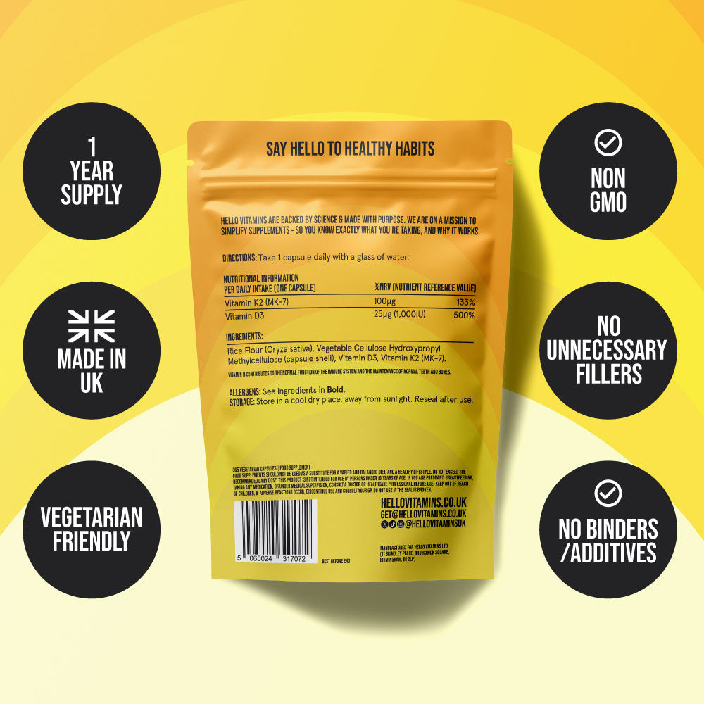 Hello Vitamins supplement package with health benefits on a yellow background