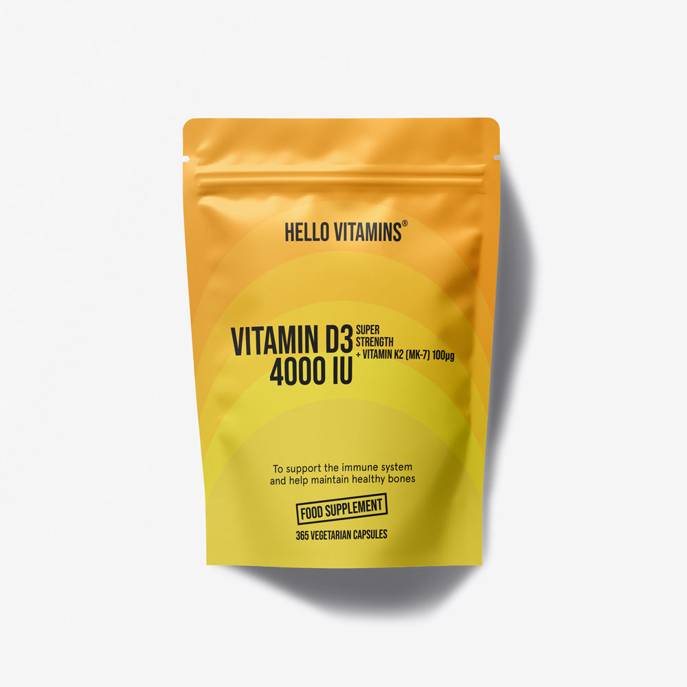 Yellow package of Hello Vitamins Vitamin D3 4000 IU on a white background