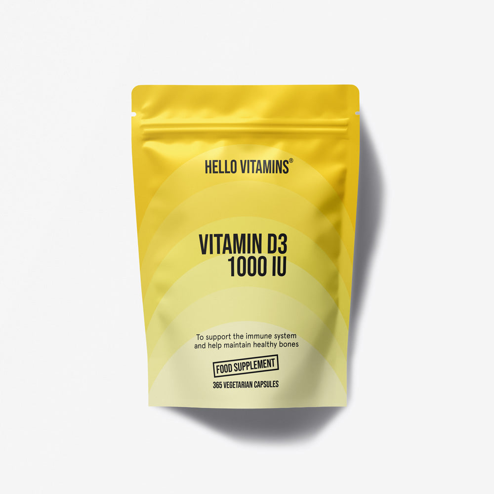 Yellow package of Hello Vitamins Vitamin D3 1000 IU on a white background