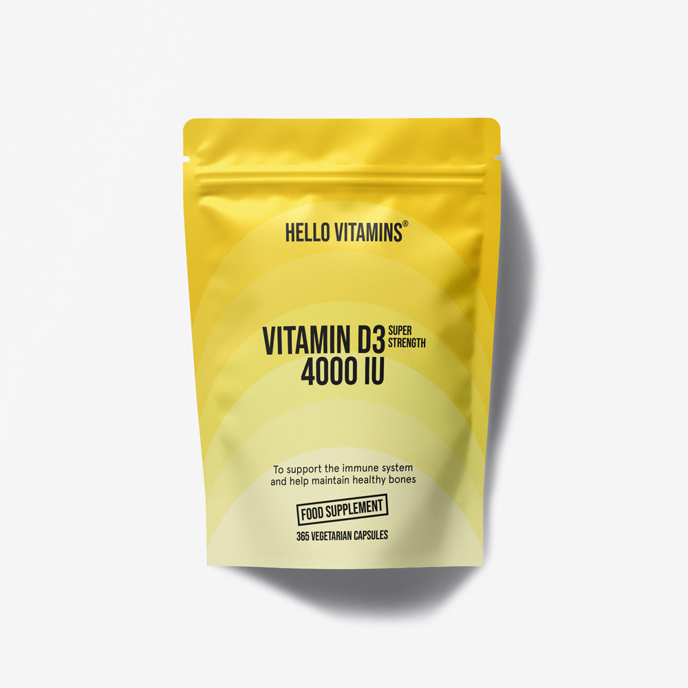 Yellow package of Hello Vitamins Vitamin D3 on a white background